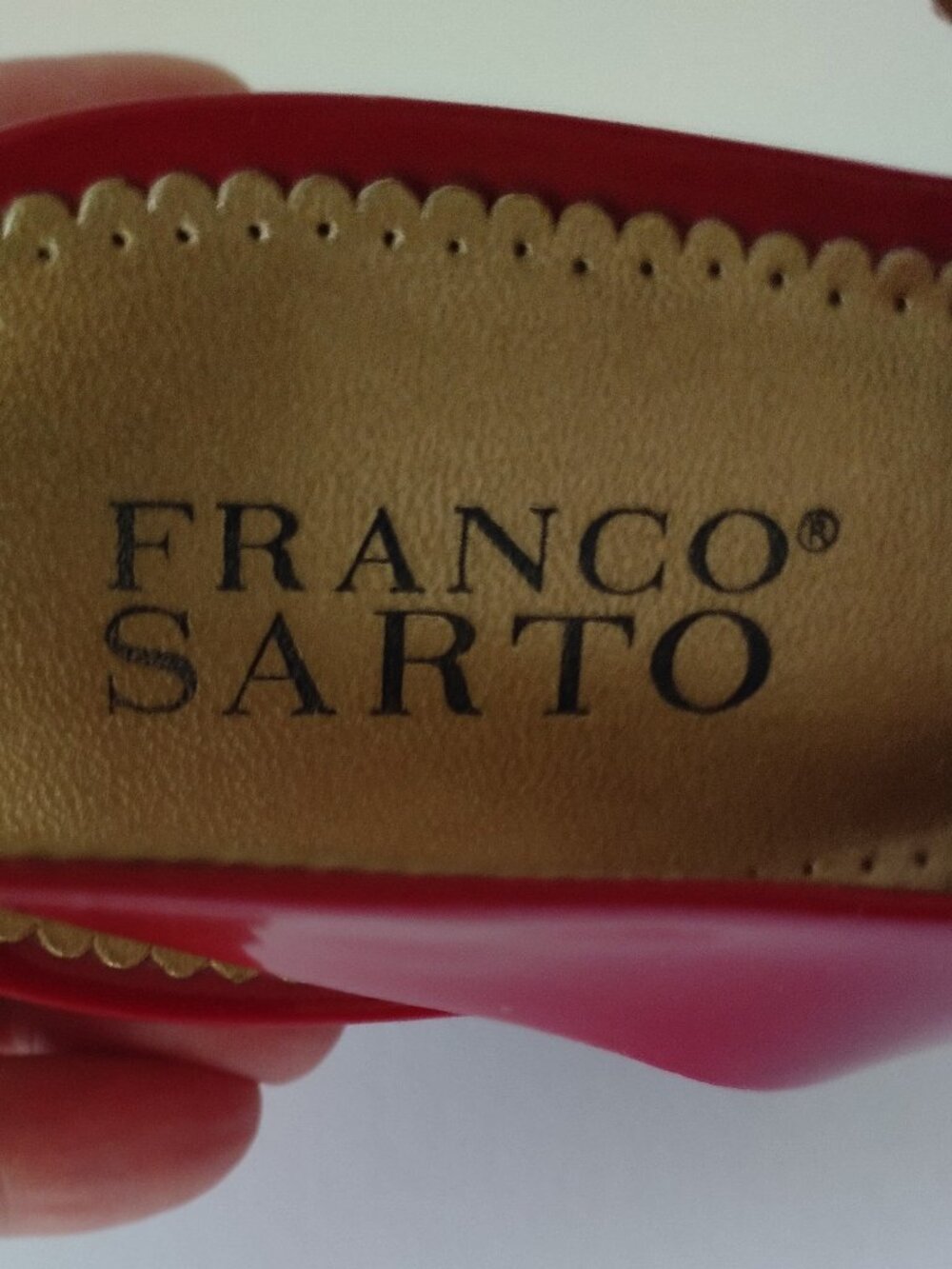 Franco Sarto Red Patent Leather Wedge Slingback Peeptoes, Size 8 - Picture 9 of 10